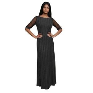 90s Black Sheer Sparkle Maxi Prom Dress Sheer Sleeves Open Back Small -